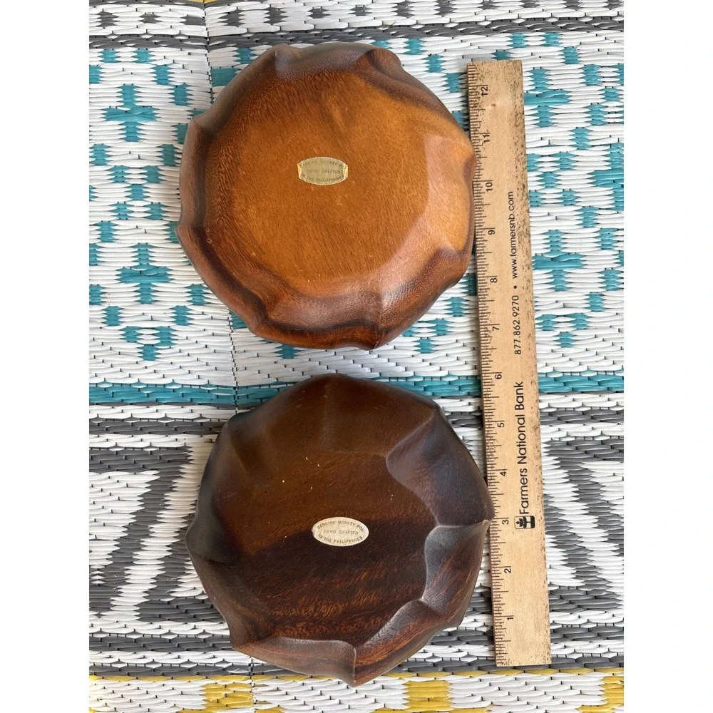 Vintage Hand Crafted Monkey Pod Wood Scalloped Bowls Set of 2 Philippines 6 Inch